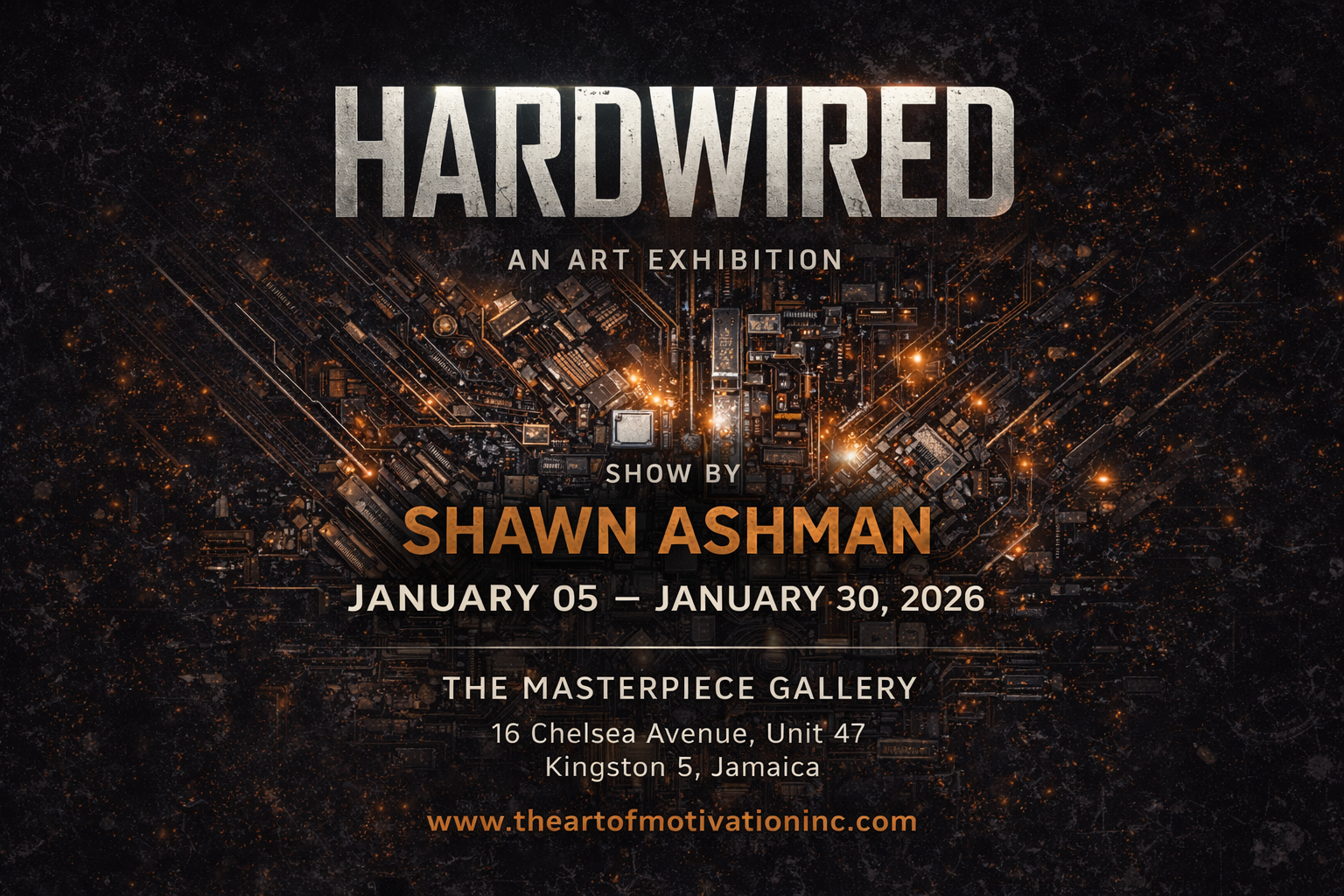 Promotional poster for 'Hardwired' art exhibition by Shawn Ashman with circuit board design.